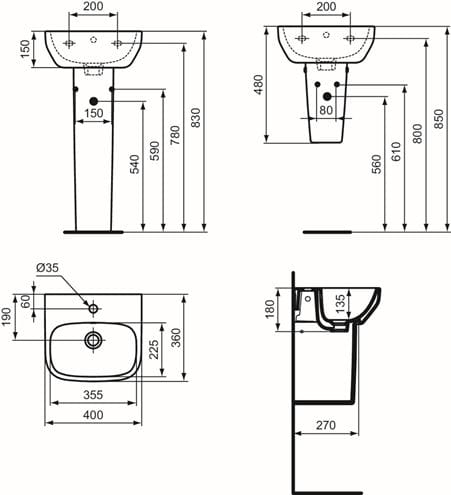 IDEAL STANDARD I.LIFE A umývátko 40 cm, s otvorem pro baterii a přepadem T470801 Technický nákres