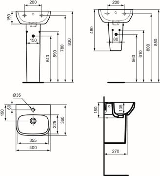 IDEAL STANDARD I.LIFE A umývátko 40 cm, s otvorem pro baterii a přepadem T470801 Technický nákres