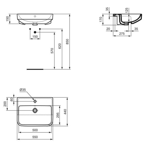 IDEAL STANDARD I.LIFE B umývátko 45 cm, s otvorem pro baterii a přepadem T461001 Technický nákres