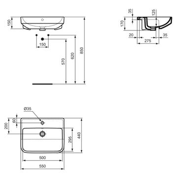 IDEAL STANDARD I.LIFE B umývátko 45 cm, s otvorem pro baterii a přepadem T461001 Technický nákres