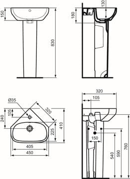 IDEAL STANDARD I.LIFE A umyvadlo rohové 45 cm, s otvorem pro baterii a přepadem T471101 Technický nákres