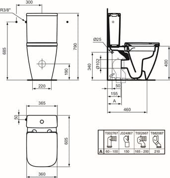 IDEAL STANDARD I. LIFE S WC kombi mísa, Rimless, zadní odpad T500001 Technický nákres