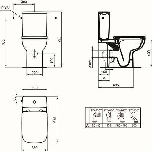 IDEAL STANDARD I. LIFE A WC kombi mísa, Rimless, vario odpad T472101 Technický nákres