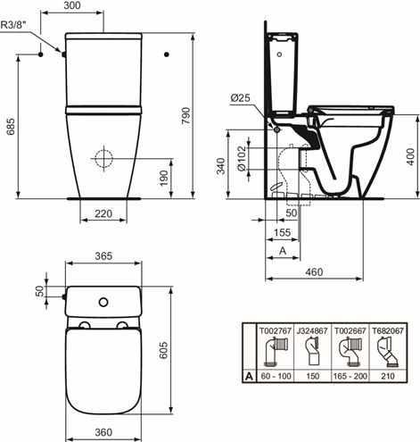 IDEAL STANDARD I. LIFE S WC kombi nádržka, boční přívod vody, 2 množství splachování T499801 Technický nákres