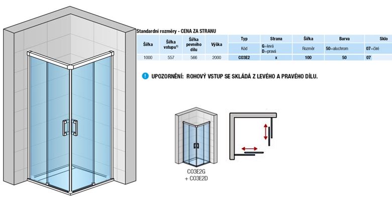 CONCEPT 300 STYLE sprchové dveře 100x200 cm, posuvné, pravé, aluchrom/číre sklo CO3E2D 100 50 07 Technický nákres
