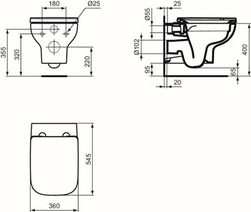 IDEAL STANDARD I.LIFE A závěsné WC, Rimless splachování T471701 Technický nákres