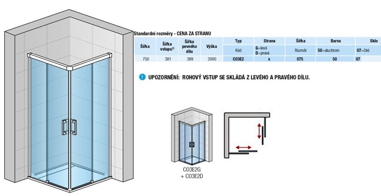 CONCEPT 300 STYLE sprchové dveře 75x200 cm, posuvné, pravé, aluchrom/číre sklo CO3E2 D 075 50 07 Technický nákres
