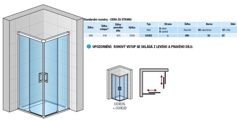 CONCEPT 300 STYLE sprchové dveře 80x200 cm, posuvné, pravé, aluchrom/číre sklo CO3E2 D 080 50 07 Technický nákres