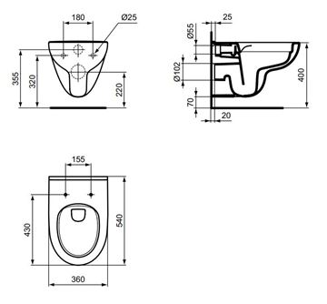 IDEAL STANDARD I.LIFE A závěsné WC, Rimless splachování T471601 Technický nákres
