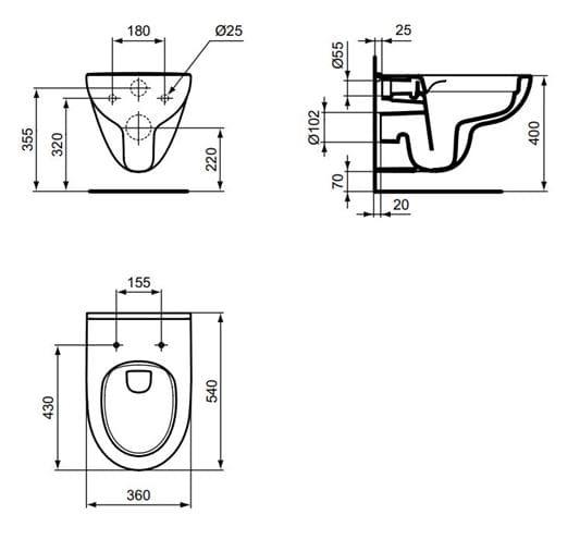 IDEAL STANDARD I.LIFE A závěsné WC, Rimless splachování T471601 Technický nákres