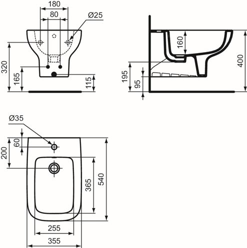 IDEAL STANDARD I.LIFE A závěsný bidet T471801 Technický nákres