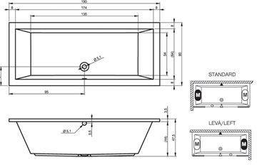 RIHO LUSSO vana 190x80 cm, bez nožiček, akrylát B015001005 Technický nákres