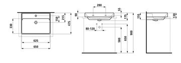 LAUFEN FIORA umyvadlo 65 cm, s otvorem pro baterii a přepadem, broušené H816924000104L Technický nákres