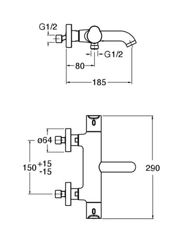 CONCEPT 300 ROUND vanová nástěnná termostatická baterie, s přepínačem, chrom CRIND15751CON Technický nákres