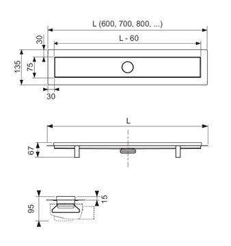 TECE LINUS sprchový žlab 700 mm, do prostoru, boční odtok DN 50, rošt 2v1, membránový pachový uzávěr, nerez ocel 15103079 Technický nákres