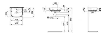 LAUFEN FIORA umývátko 45 cm, s otvorem pro baterii, s přepadem H811920000104L Technický nákres