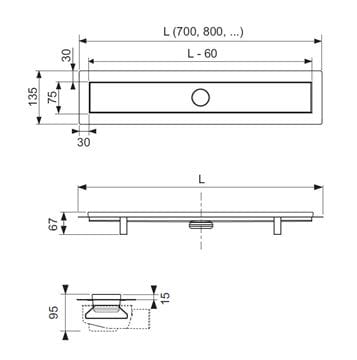 TECE LINUS sprchový žlab 800 mm, do prostoru, boční odtok DN 50, rošt, membránový pachový uzávěr, nerez ocel 15100089 Technický nákres