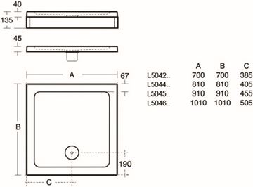 IDEAL STANDARD SIMPLICITY sprchová vanička 101x101 cm, litý mramor, bez nožiček L504601 Technický nákres