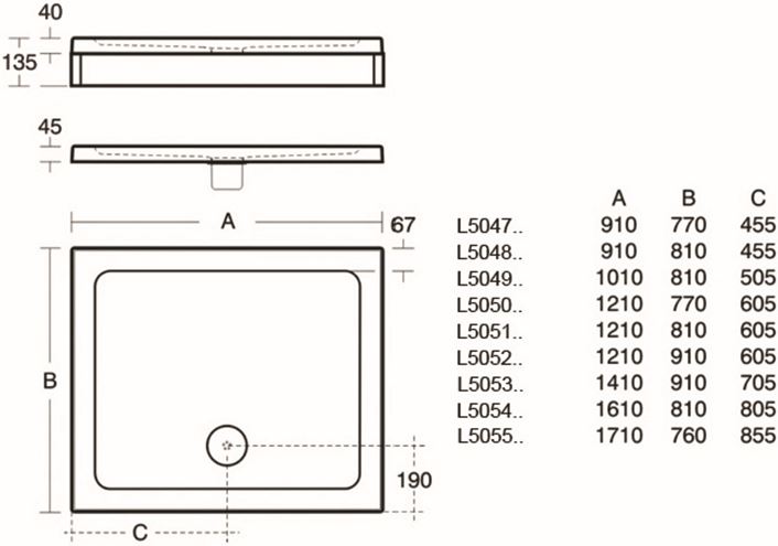 IDEAL STANDARD SIMPLICITY sprchová vanička 101x81 cm, litý mramor, bez nožiček L504901 Technický nákres