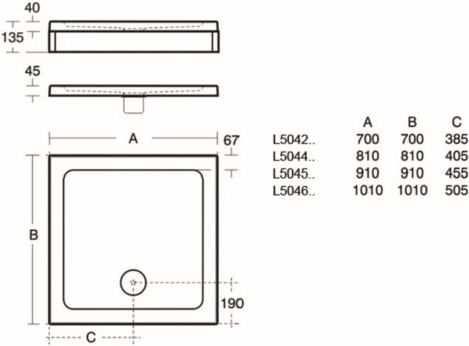 IDEAL STANDARD SIMPLICITY sprchová vanička 81x81 cm, litý mramor, bez nožiček L504401 Technický nákres