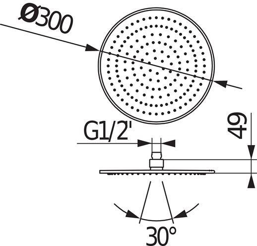 JIKA CUBITO-N horní sprcha pr. 300 mm, s omezovačem průtoku, leštěná nerez H3671X10042301 Technický nákres