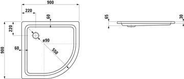 LAUFEN PLATINA sprchová vanička 90x90 cm, R550, smaltovaná ocel, bez nožiček H2150180000401 Technický nákres