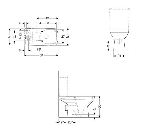 GEBERIT SELNOVA SQUARE WC kombi mísa, Rimfree splachování, zadní odpad 501.563.01.7 Technický nákres