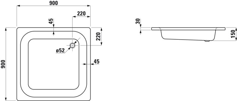 LAUFEN PLATINA sprchová vanička 90x90 cm, smaltovaná ocel, bez nožiček H2150220000401 Technický nákres