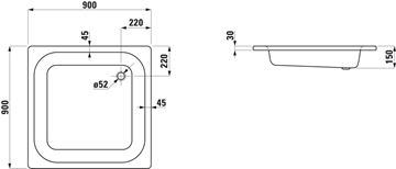 LAUFEN PLATINA sprchová vanička 90x90 cm, smaltovaná ocel, bez nožiček H2150220000401 Technický nákres