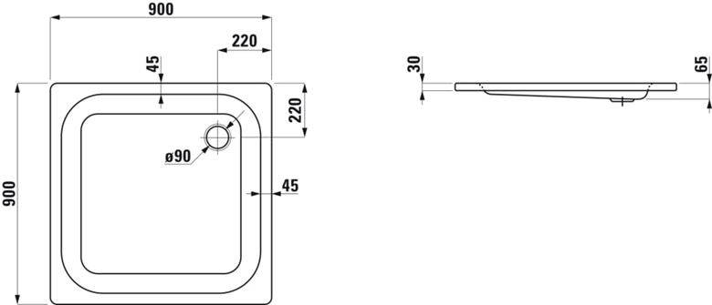 LAUFEN PLATINA sprchová vanička 90x90 cm, smaltovaná ocel, bez nožiček H2150120000401 Technický nákres
