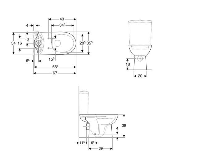 GEBERIT SELNOVA WC kombi mísa, Rimfree splachování, zadní odpad 500.283.01.5 Technický nákres