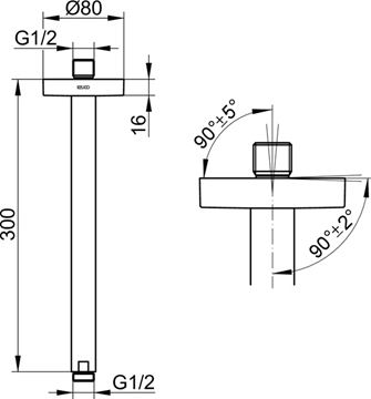KEUCO sprchové rameno 300 mm, stropní, matná černá 51689370300 Technický nákres