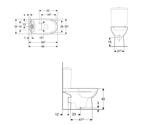 GEBERIT SELNOVA WC kombi mísa, Rimfree splachování, zadní odpad 500.285.01.7 Technický nákres