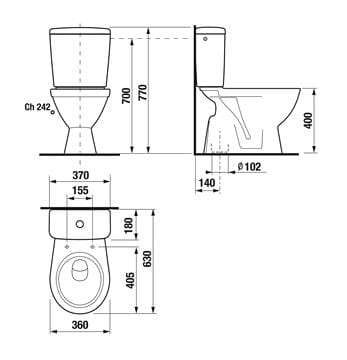 JIKA LYRA PLUS WC kombi, Dual-Flush, spodní odpad, boční napouštění H8263870002411 Technický nákres