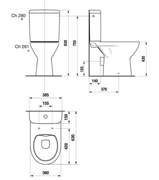 JIKA LYRA PLUS WC kombi, Rimless splachování, Dual-Flush, zadní odpad, boční napouštění H8273860002801 Technický nákres