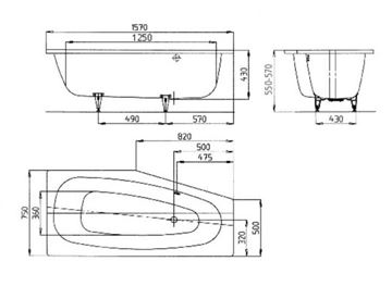 KALDEWEI MINI 832 rohová vana 157x75 cm, bez nožiček, smaltovaná ocel, antislip 224830000001 Technický nákres