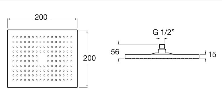 ROCA RAINSENSE horní sprcha 200x200 mm, chrom A5B2350C00 Technický nákres