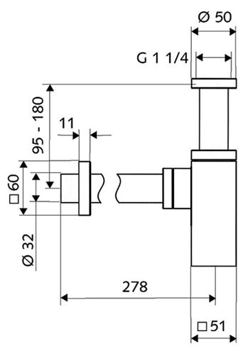SCHELL QUAD designový sifon k umyvadlu DN32, s převlečnou maticí 5/4, chrom 015050699 Technický nákres