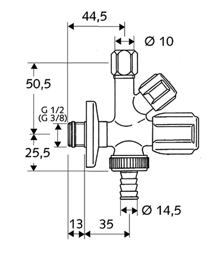 SCHELL COMFORT kombinovaný rohový ventil 1/2"x3/8"x3/4", chrom 035450699 Technický nákres