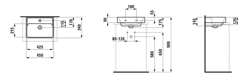 LAUFEN FIORA umývátko na desku 45 cm, s otvorem pro baterii a přepadem, broušené H816920000104L Technický nákres