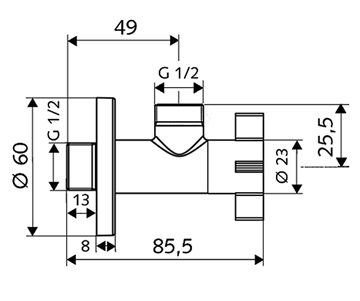 SCHELL rohový ventil 1/2"x1/2", chrom 053990699 Technický nákres
