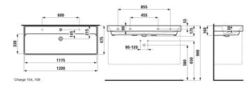 LAUFEN FIORA umyvadlo 120 cm, s otvorem pro baterii a přepadem H814921000104L Technický nákres