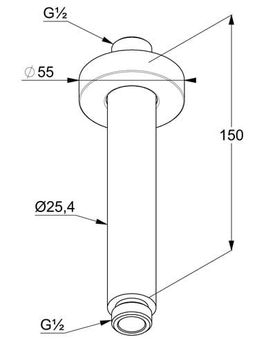 KLUDI A-QA sprchové rameno 150 mm, stropní, chrom 6651505-00 Technický nákres