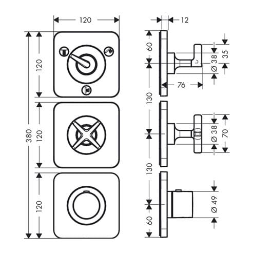 AXOR CITTERIO E podomítková termostatická baterie, pro 3 spotřebiče, chrom 36704000 Technický nákres