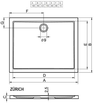 RIHO ZÜRICH 284 sprchová vanička 160x90 cm, akrylát, bez nožiček D001011005 Technický nákres