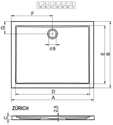RIHO ZÜRICH 284 sprchová vanička 160x90 cm, akrylát, bez nožiček D001011005 Technický nákres