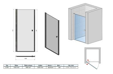 CONCEPT 200 sprchové dveře 100x200 cm, křídlové, aluchrom/sklo čiré CON11005007 Technický nákres