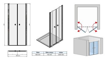 CONCEPT 200 sprchové dveře 90x200 cm, lítací, černá/čiré sklo CON20900607 Technický nákres