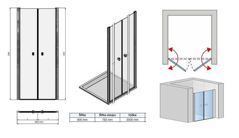 CONCEPT 200 sprchové dveře 90x200 cm, lítací, černá/čiré sklo CON20900607 Technický nákres