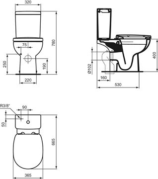 IDEAL STANDARD CONNECT WC kombi nádržka, spodní napouštění, 2 množství splachování E797001 Technický nákres